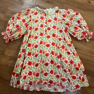 entro Floral Ruffle Neck Mini Dress in Red, Pink & Yellow